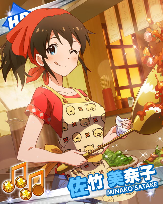 ;q apron beamed_eighth_notes blue_eyes blush brown_hair card_(medium) character_name cooking food idolmaster idolmaster_million_live! licking_lips looking_at_viewer musical_note official_art one_eye_closed ponytail pot satake_minako solo tongue tongue_out