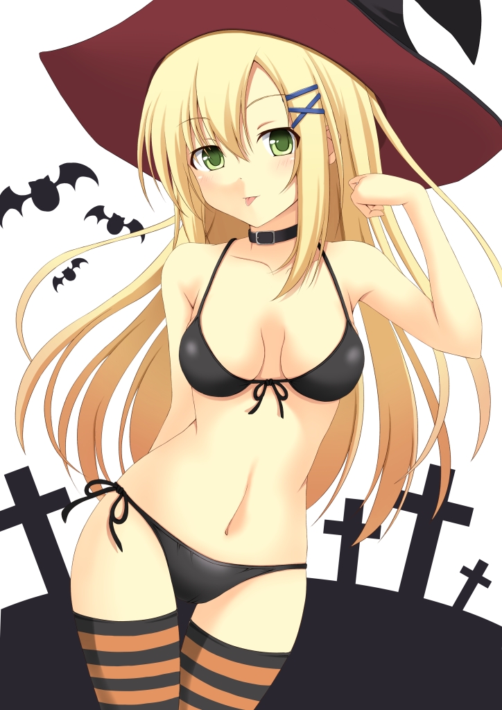 :p bikini blonde_hair collar green_eyes halloween hat long_hair minatsuki_nao original solo swimsuit thighhighs tongue tongue_out witch_hat