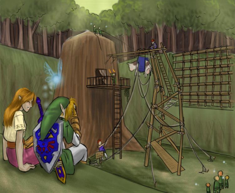 1girl blonde_hair cow facepalm fairy gameplay_mechanics hands_on_own_face hat ladder lifting link long_hair malon navi orange_hair outdoors pointy_ears rah-bop rope shield signature skirt sword the_legend_of_zelda the_legend_of_zelda:_ocarina_of_time tree treehouse weapon