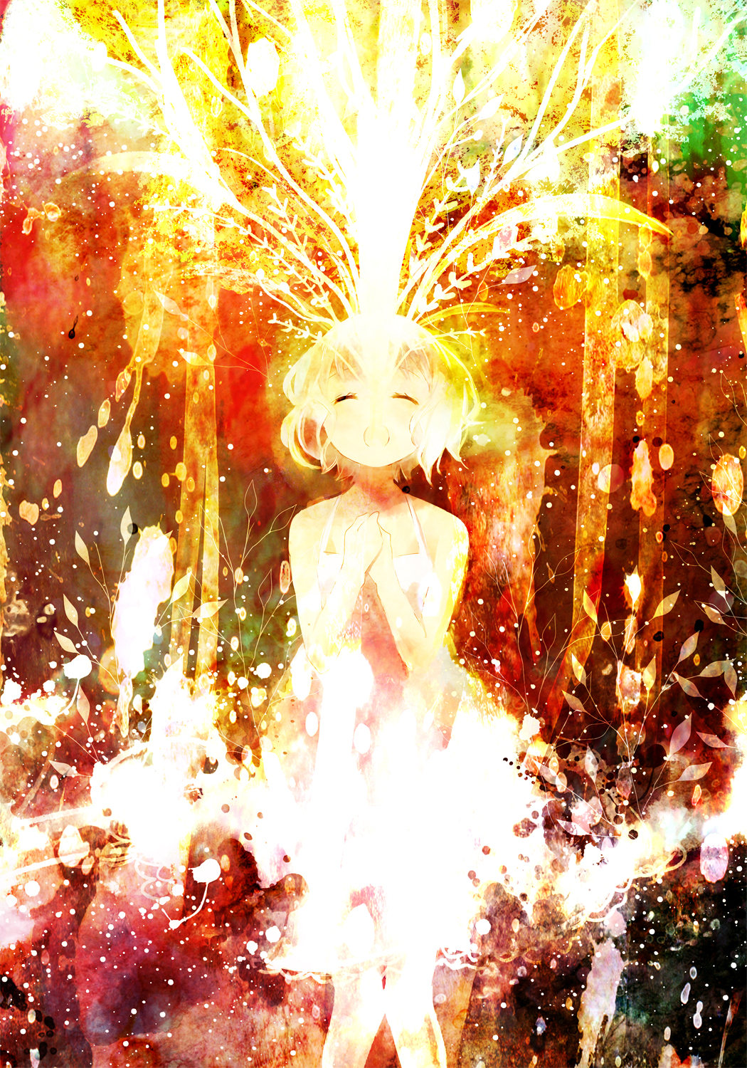 abstract blonde_hair closed_eyes dress highres hinanosuke leaf open_mouth original short_hair solo standing tree