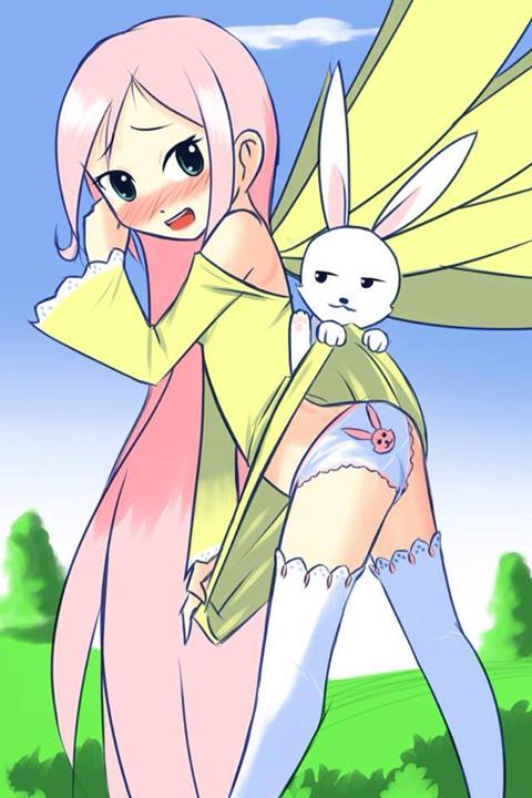 angel_(my_little_pony) animal_print aqua_eyes ass bangs bare_shoulders blush breasts bunny bunny_panties bunny_print cloud day dress dress_lift dress_tug ears fluttershy grass long_hair looking_at_another my_little_pony my_little_pony_friendship_is_magic nature open_mouth panties personification pink_hair print_panties shirt sidelocks sky small_breasts solo teeth thighhighs tree underwear very_long_hair white_panties wings yellow_shirt