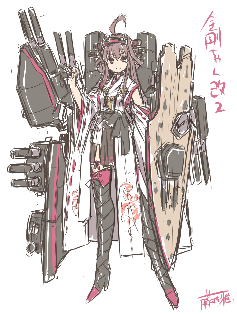 ahoge battleship boots brown_hair cannon detached_sleeves fujieda_miyabi hairband high_heels highres japanese_clothes kantai_collection kongou_(kantai_collection) long_hair military military_vehicle nontraditional_miko red_eyes ship skirt smile solo thigh_boots thighhighs turret warship watercraft wide_sleeves