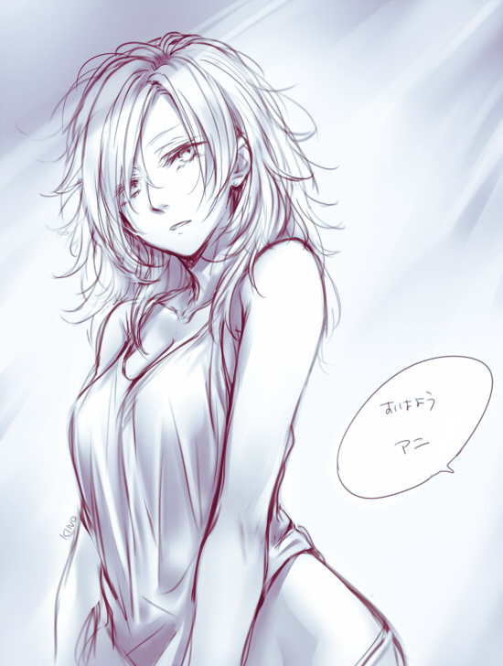 annie_leonhardt bare_arms bare_shoulders blue breasts cleavage earrings eyelashes hair_down hair_over_one_eye half-closed_eyes jewelry kino25_n long_hair looking_at_viewer medium_breasts messy_hair monochrome parted_lips shingeki_no_kyojin signature solo speech_bubble stud_earrings tank_top translated upper_body waking_up