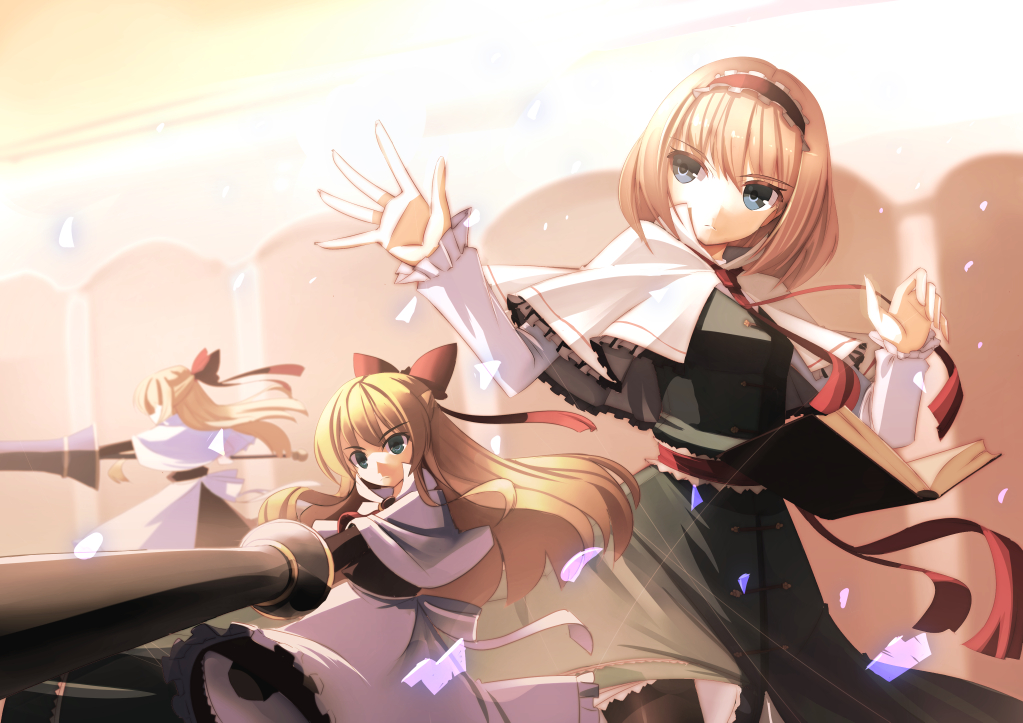 alice_margatroid apron blonde_hair blue_eyes book capelet clere doll dress dress_shirt hairband lance long_hair long_sleeves polearm ribbon sash shanghai_doll shirt short_hair touhou weapon