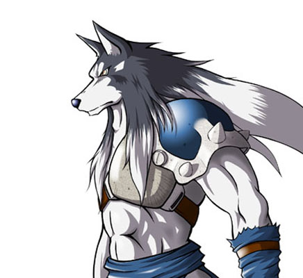 anthro anthrofied armor biceps canine clothing fur grey_fur hair long_hair male mammal muscles plain_background pose solo unknown_artist werewolf white_background white_fur wolf yellow_eyes