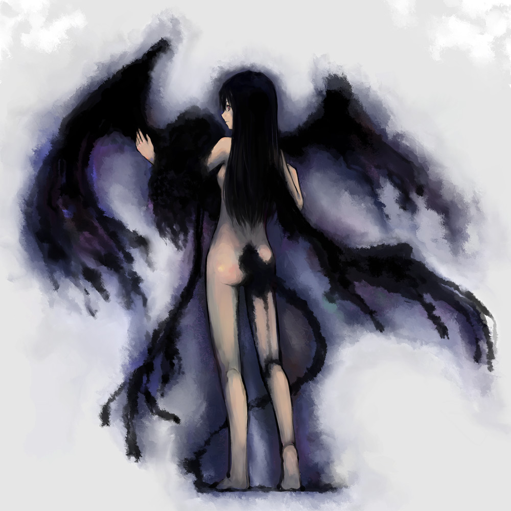 back black_hair black_wings darkness demon_girl full_body nude original solo standing tail travo wings