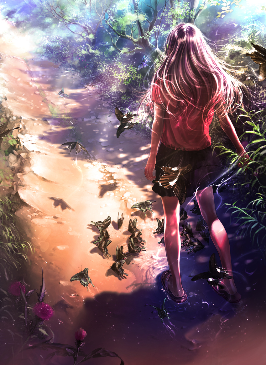 aalge back brown_hair bug butterfly flower forest insect long_hair md5_mismatch nature original path road sandals scenery skirt solo tree water