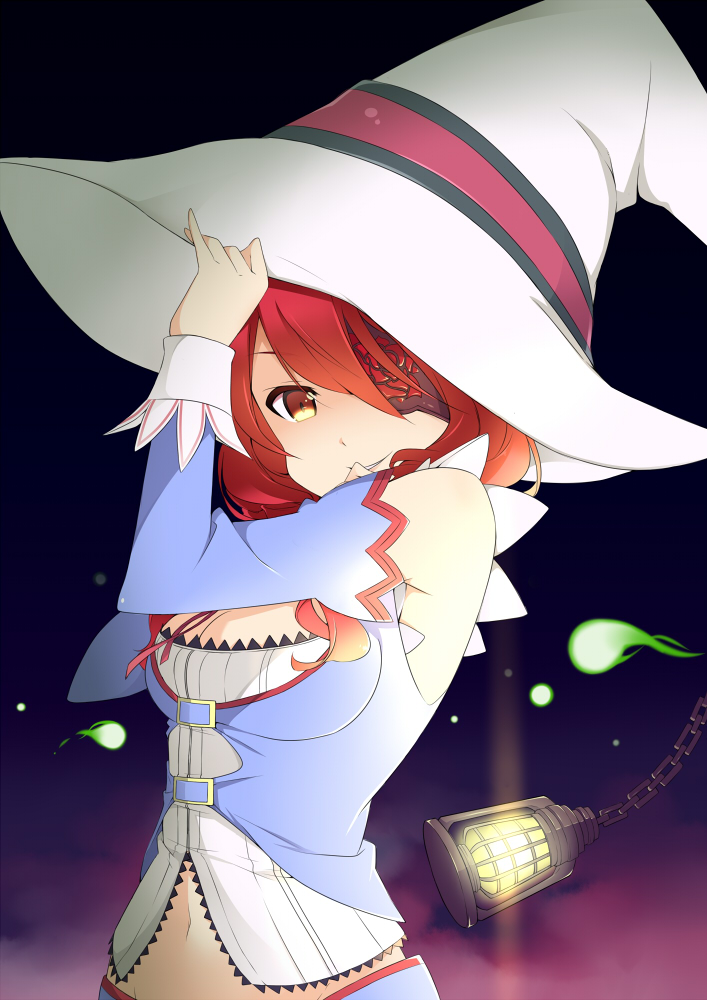 baba_yaga_(lord_of_vermilion) bad_id bad_pixiv_id blush breasts cleavage detached_sleeves eyepatch hat lantern long_hair looking_at_viewer lord_of_vermilion medium_breasts navel red_eyes red_hair sasakura smile solo witch_hat