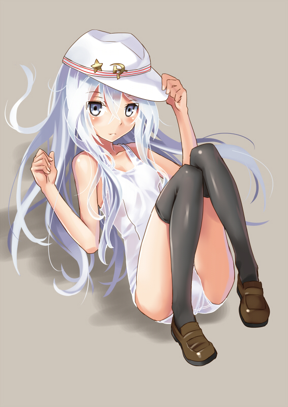 adjusting_clothes adjusting_hat black_legwear blue_eyes full_body hammer_and_sickle hat hibiki_(kantai_collection) kantai_collection katahira_masashi loafers long_hair looking_at_viewer one-piece_swimsuit school_swimsuit shoes silver_hair solo swimsuit thighhighs verniy_(kantai_collection) white_swimsuit