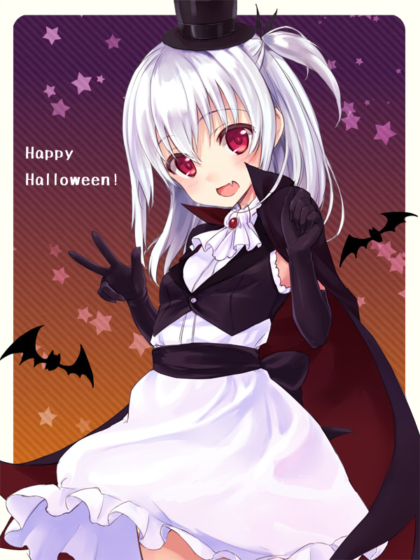 bat black_gloves blush cape elbow_gloves fang gloves halloween hat mini_hat mini_top_hat open_mouth original red_eyes rimo short_hair side_ponytail silver_hair smile solo star top_hat v vampire