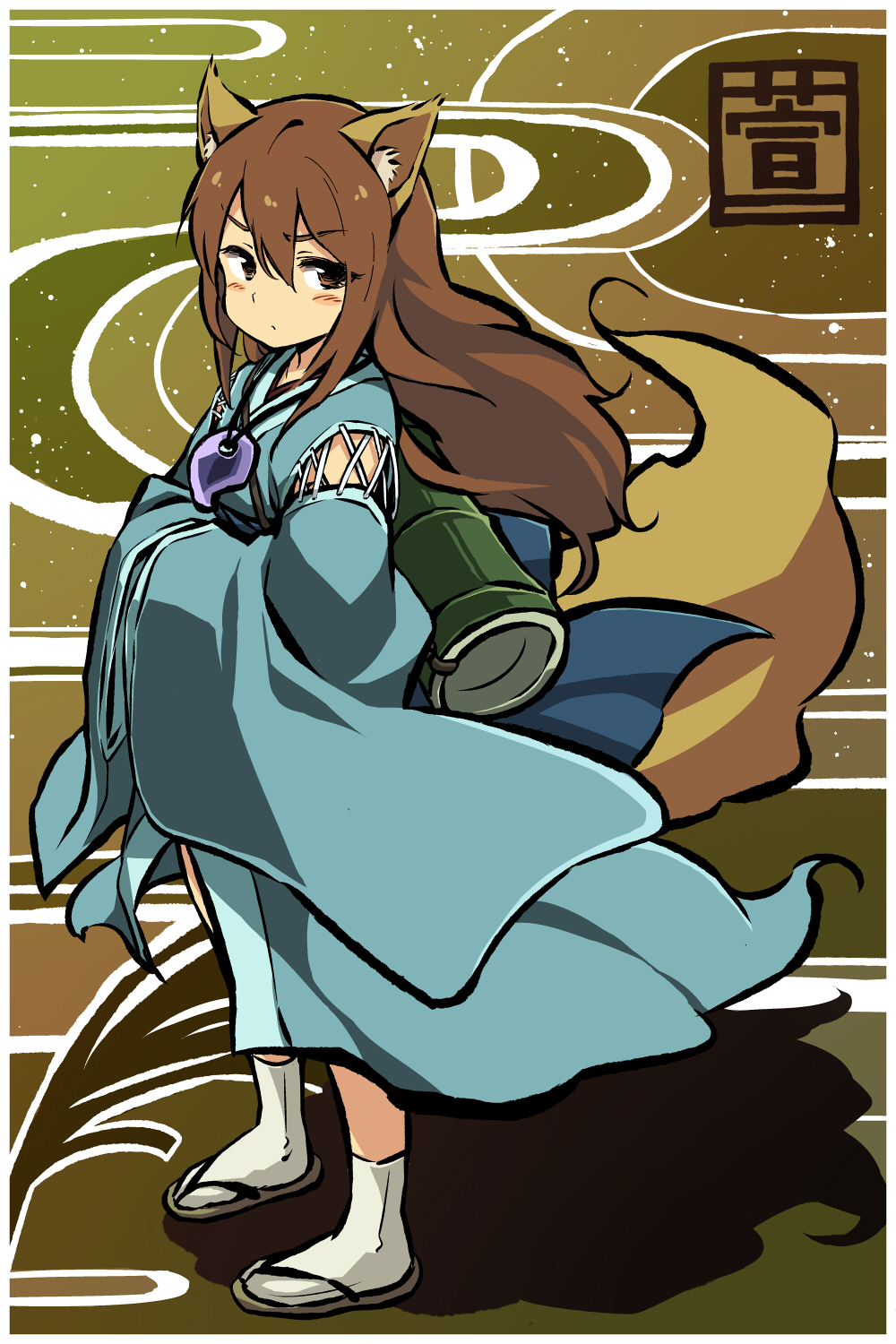 :/ alternate_costume animal_ears backpack bag blue_dress blush brown_eyes brown_hair detached_sleeves dress full_body hands_in_opposite_sleeves highres japanese_clothes japanese_mythology jewelry kaya_no_hime kimono long_hair long_sleeves looking_at_viewer necklace pendant sandals shikihime_zoushi solo tail wide_sleeves wolf_ears wolf_tail yudepii