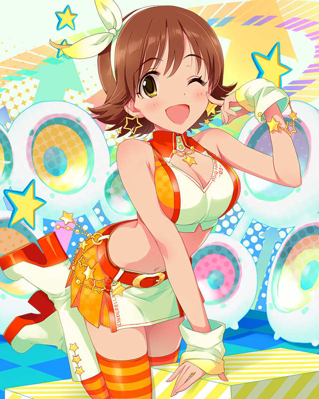 ;d boots breasts brown_hair cleavage cleavage_cutout crop_top earrings finger_to_face fingerless_gloves gloves hair_ribbon honda_mio idolmaster idolmaster_cinderella_girls jewelry jpeg_artifacts knee_boots legs_folded looking_at_viewer medium_breasts midriff miniskirt navel official_art one_eye_closed open_mouth platform_footwear platform_heels ribbon short_hair skirt smile solo star striped striped_legwear sunset_nostalgie thighhighs yellow_eyes