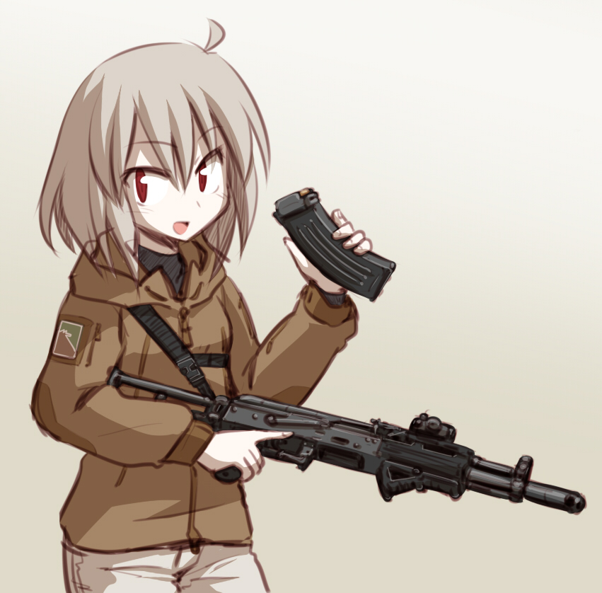 ahoge ak-109 angled_foregrip assault_rifle bad_id bad_pixiv_id blush commentary folding_stock grey_hair gun holding holding_gun holding_weapon ikune_juugo jacket long_sleeves looking_at_viewer magazine_(weapon) original red_eyes reloading rifle sling smile solo trigger_discipline weapon