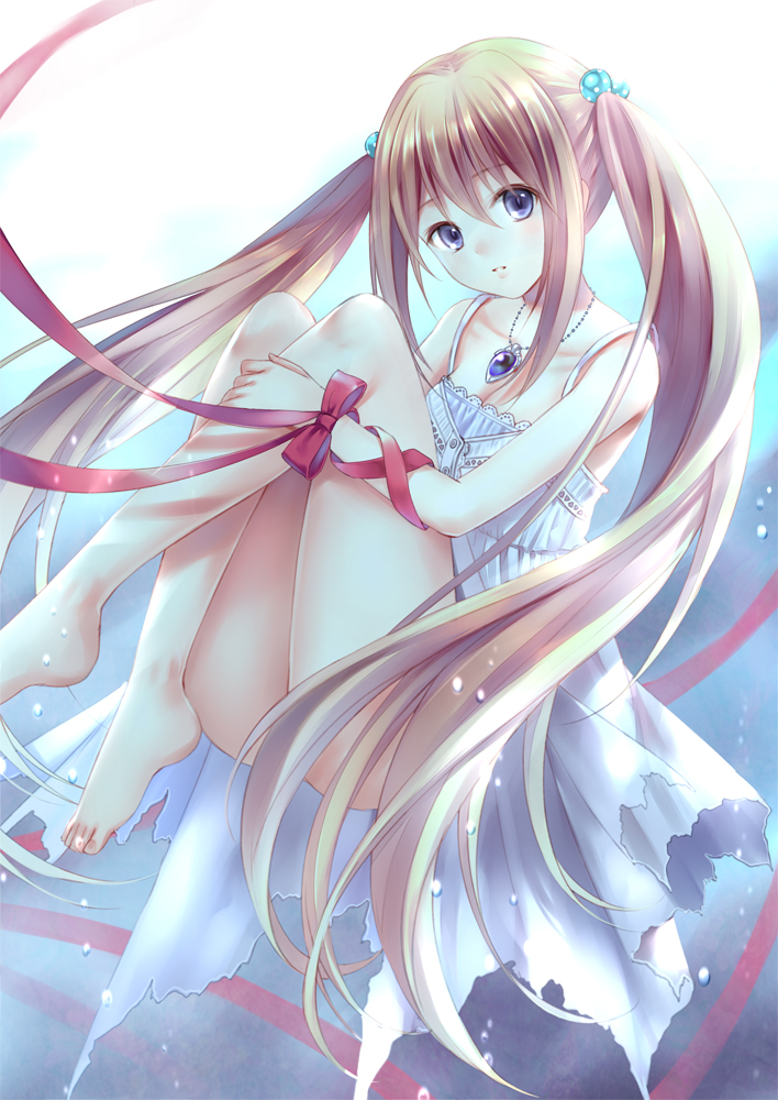 bad_id bad_pixiv_id bangs blue_eyes bow brown_hair dress feet from_side fukahire_(ruinon) hair_between_eyes hair_ornament jewelry long_hair looking_at_viewer looking_to_the_side necklace original solo torn_clothes torn_dress twintails white_dress