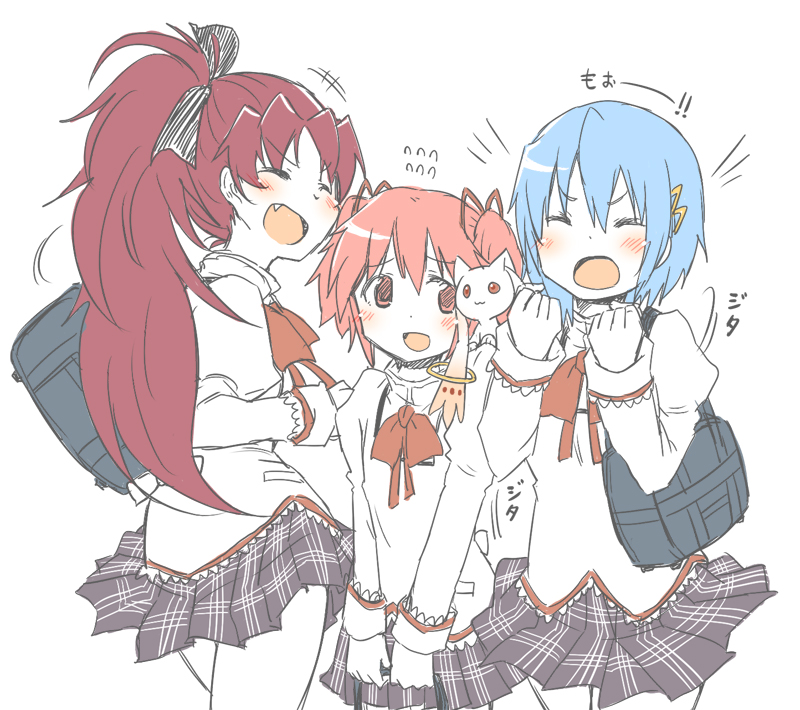 blue_hair closed_eyes fang hair_ornament hairclip kaname_madoka kyubey laughing long_hair mahou_shoujo_madoka_magica mahou_shoujo_madoka_magica_movie miki_sayaka multiple_girls pikachi pink_eyes pink_hair red_hair sakura_kyouko school_uniform short_hair short_twintails translated twintails