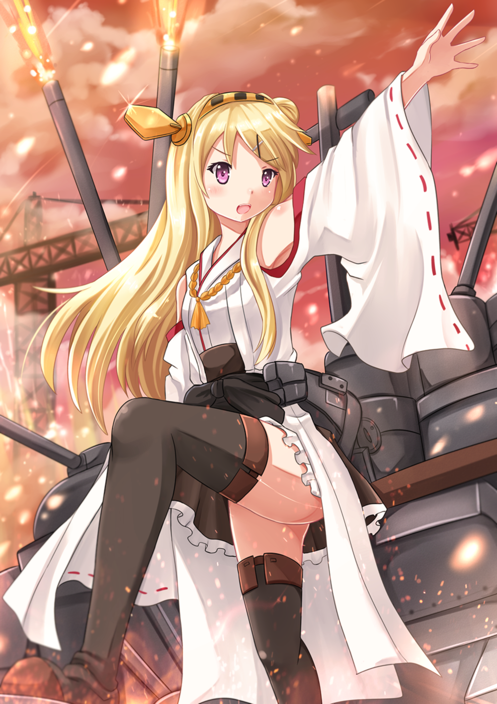armpits bare_shoulders black_legwear blonde_hair blush boots cannon cosplay detached_sleeves frilled_skirt frills hair_ornament hairband hairclip headband highres japanese_clothes kantai_collection kazenokaze kin-iro_mosaic kongou_(kantai_collection) kongou_(kantai_collection)_(cosplay) kujou_karen long_hair nontraditional_miko open_mouth outstretched_arm purple_eyes seiyuu_connection shoes skirt solo standing thigh_boots thighhighs touyama_nao wide_sleeves x_hair_ornament