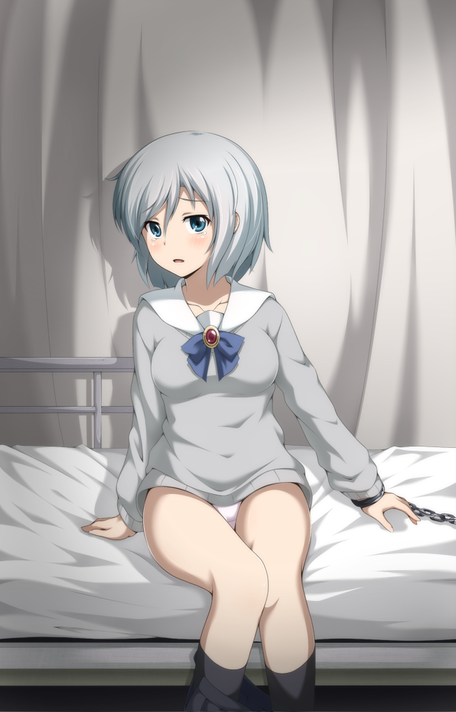 bangs bdsm bed black_legwear blue_bow blue_eyes blush bondage bound bow bowtie breasts brooch chain chained corpse_party corpse_party_2 cuffs curtains hair_between_eyes hospital hospital_bed indoors itou_ayame jewelry kneehighs long_sleeves looking_at_viewer medium_breasts open_mouth panties pleated_skirt school_uniform shadow short_hair silver_hair skirt skirt_around_one_leg skirt_pull solo sweater tears underwear yyi