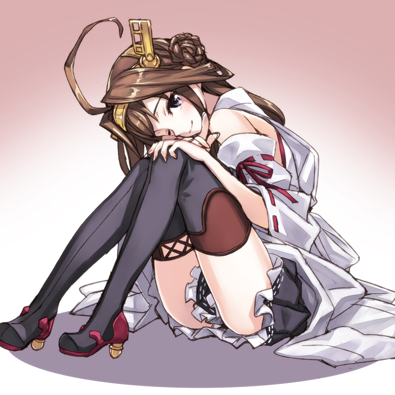 ;) ahoge black_eyes blush boots brown_hair detached_sleeves double_bun frilled_skirt frills hairband hand_on_own_knee japanese_clothes kantai_collection kongou_(kantai_collection) light_smile long_hair looking_at_viewer matsuryuu one_eye_closed ribbon-trimmed_sleeves ribbon_trim sitting skirt smile solo thigh_boots thighhighs wide_sleeves