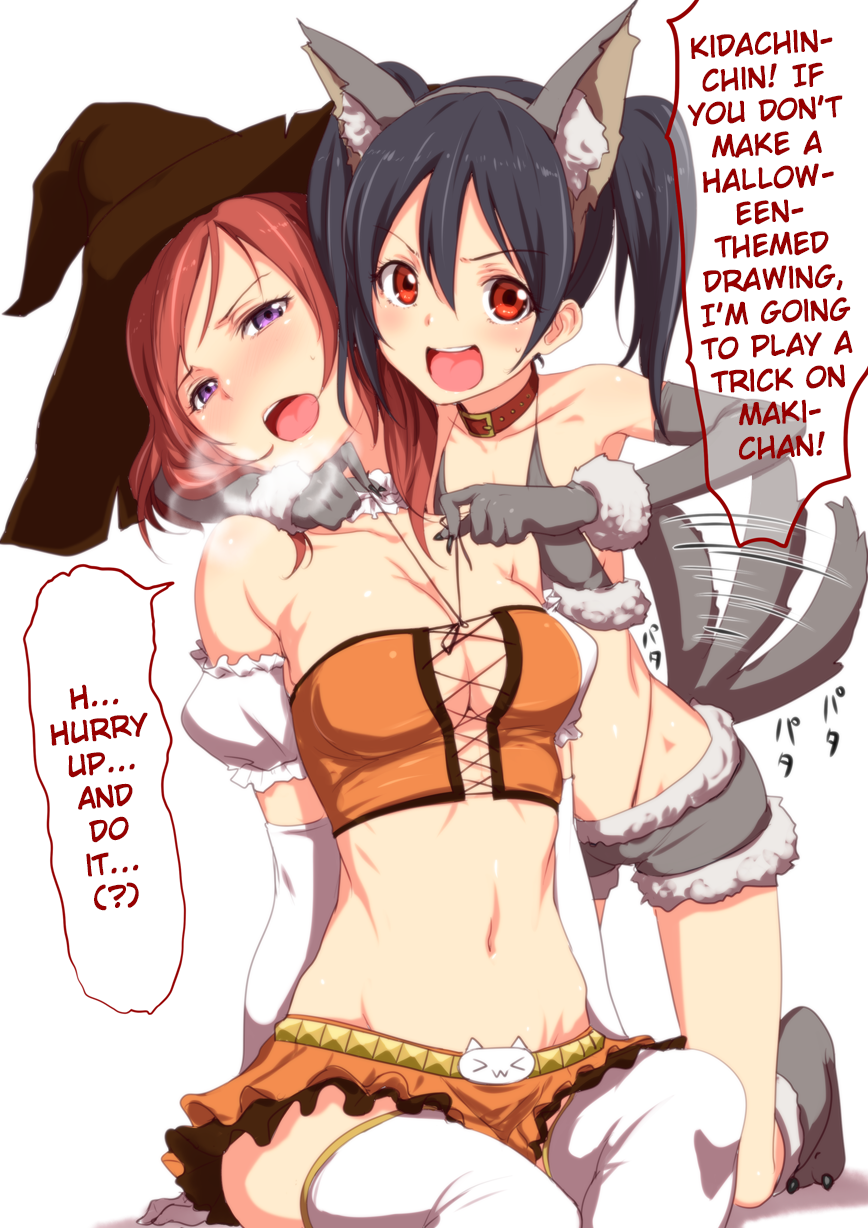 2girls :3 animal_ears bare_shoulders black_hair blush breasts clearite cleavage collar collarbone elbow_gloves fake_animal_ears gloves grey_gloves halloween hard_translated hat highleg highleg_panties highres looking_at_viewer love_live!_school_idol_project multiple_girls navel nishikino_maki open_mouth panties purple_eyes red_eyes red_hair short_hair simple_background smile tail tail_wagging thighhighs translated twintails underwear white_background white_gloves white_legwear witch_hat wolf_ears wolf_tail yazawa_nico yuri