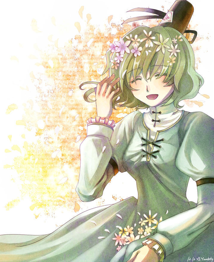 artist_name closed_eyes commentary_request dated dress flower green_dress green_hair hair_flower hair_ornament hat laughing maeda_hama open_mouth short_hair smile soga_no_tojiko solo tate_eboshi touhou