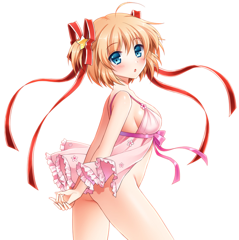 :o ahoge arms_behind_back babydoll blue_eyes bottomless bow breasts floral_print hair_ornament hair_ribbon kamikita_komari little_busters! looking_at_viewer mauve medium_breasts no_panties orange_hair pink_babydoll pink_bow pink_ribbon print_babydoll ribbon ribbon_babydoll short_hair sideboob simple_background solo star twintails white_background