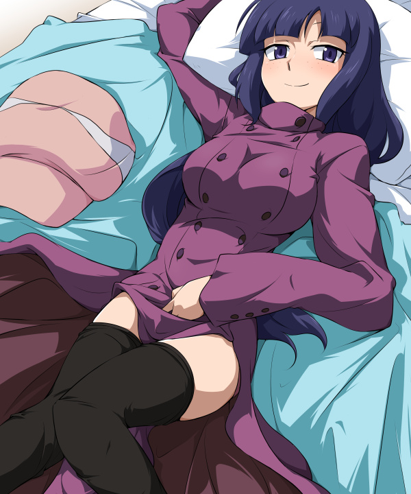 bed bioroid_hei black_legwear blanket blue_eyes blue_hair blush coat freckles gundam gundam_build_fighters hat hat_removed headwear_removed knees_together_feet_apart long_hair looking_at_viewer lying mihoshi_(gundam_bf) on_back overcoat pillow smile solo thighhighs