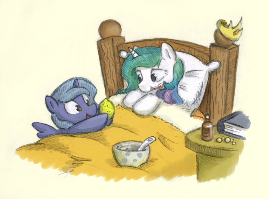 bed blue_hair book bowl crown cute duo equine female feral friendship_is_magic hair horn horse ill lemon long_hair mammal medicine multi-colored_hair my_little_pony onkelscrut open_mouth pony princess_celestia_(mlp) princess_luna_(mlp) sibling sisters smile thermometer winged_unicorn wings young