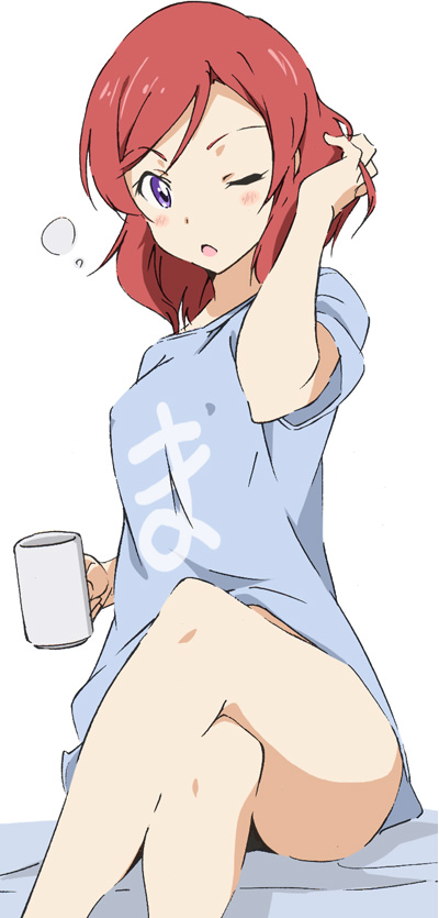 adjusting_hair bare_legs breasts clothes_writing covered_nipples crossed_legs cup hair_tousle hand_in_hair looking_at_viewer love_live! love_live!_school_idol_project medium_breasts mug nishikino_maki one_eye_closed open_mouth purple_eyes red_hair shirt short_hair sitting solo t-shirt thighs umanosuke