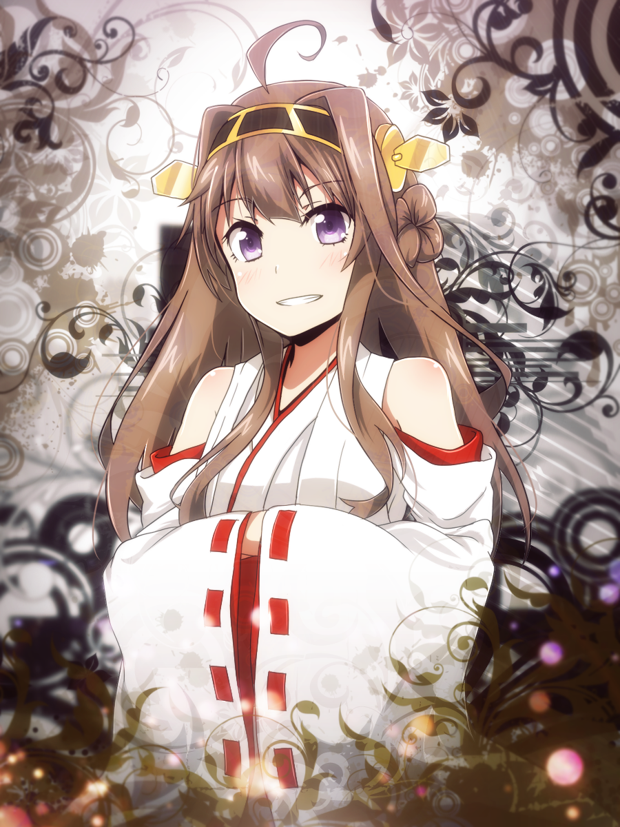 bare_shoulders blush brown_hair detached_sleeves double_bun hair_ornament hairband highres kantai_collection kongou_(kantai_collection) long_hair long_sleeves looking_at_viewer purple_eyes ribbon-trimmed_sleeves ribbon_trim smile solo tom_(drpow) upper_body wide_sleeves