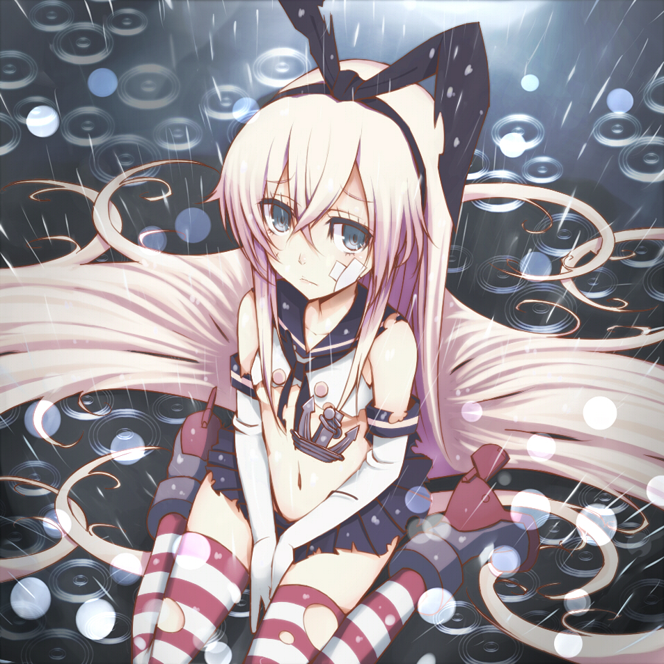 anchor bandaid black_panties blonde_hair blue_eyes breasts elbow_gloves gloves kantai_collection long_hair looking_at_viewer looking_up panties rain shimakaze_(kantai_collection) small_breasts soratoa thighhighs torn_clothes torn_legwear underboob underwear very_long_hair white_gloves
