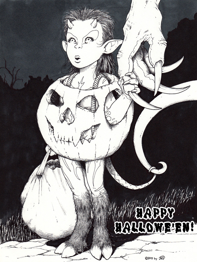 barefoot big_claws candy claws costume cute demon english_text halloween hand_holding holding holiday holidays hooves horn invalid_tag james_m_hardiman monochrome night non-canon nude penance pumpkin satyr scared size_difference sketch standing succubus text two_toes