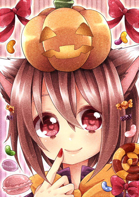 animal_ears bad_id bad_pixiv_id blush bow brown_hair candy cat_ears chen face finger_to_mouth fingernails food halloween heart heart-shaped_pupils jack-o'-lantern jelly_bean lips lollipop looking_at_viewer macaron mitoki_6x6 nail_polish object_on_head pumpkin red_eyes ribbon short_hair simple_background smile solo sweets symbol-shaped_pupils touhou