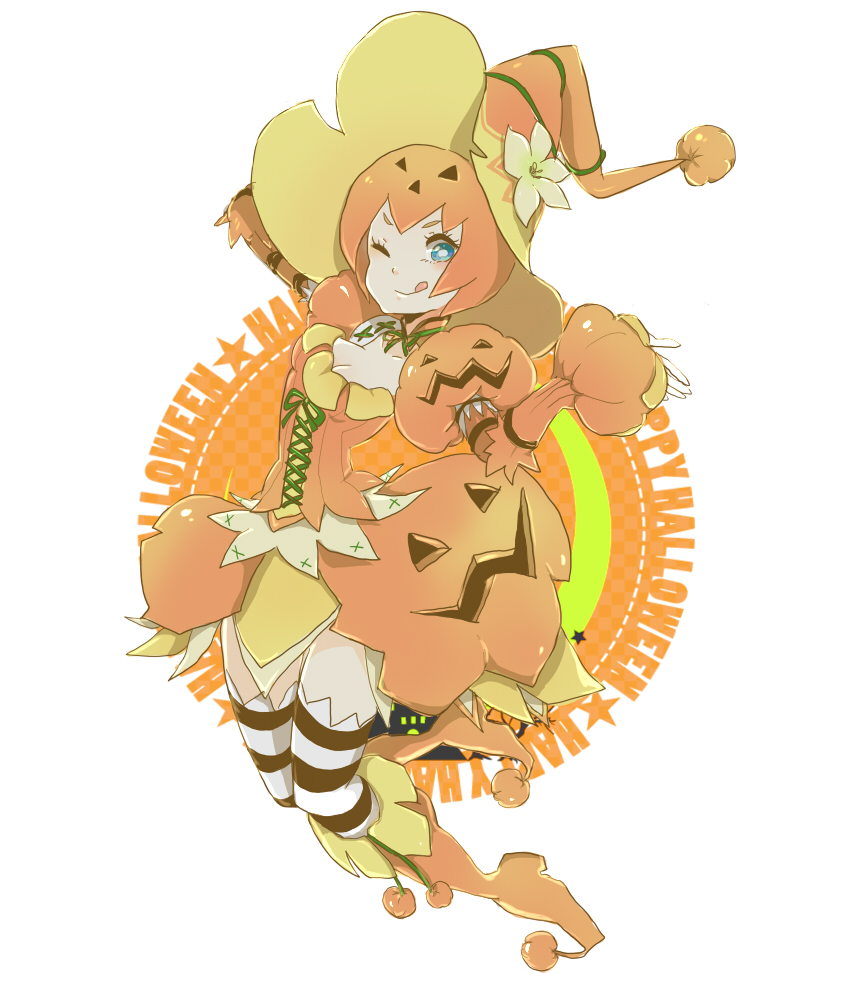 1girl blue_eyes boots breasts capcom cleavage collarbone female halloween happy happy_halloween hat hips knees legs legwear monster_hunter mosgharl_(armor) orange_hair pumpkin_(armor) short_hair small_breasts smile solo striped striped_legwear tongue tongue_out wink