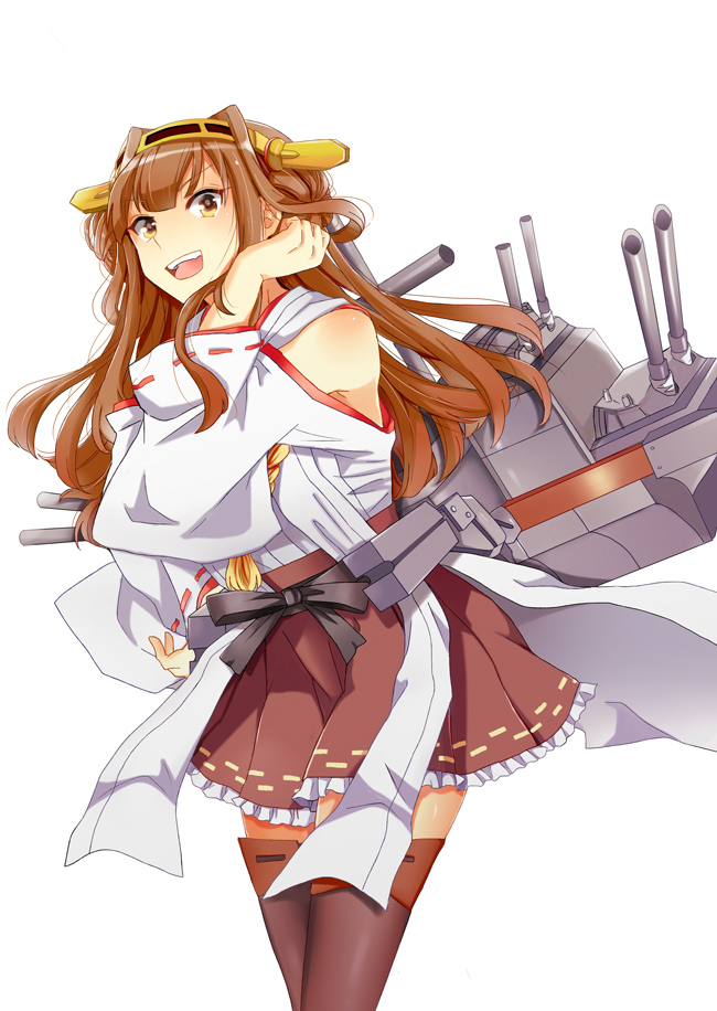 :d adjusting_hair bad_id bad_pixiv_id bare_shoulders blush boots brown_eyes brown_hair cowboy_shot detached_sleeves double_bun hair_ornament hairband kantai_collection kongou_(kantai_collection) long_hair long_sleeves looking_at_viewer open_mouth pleated_skirt ribbon-trimmed_sleeves ribbon_trim skirt smile solo thigh_boots thighhighs tooko_(toko3188) white_background wide_sleeves zettai_ryouiki