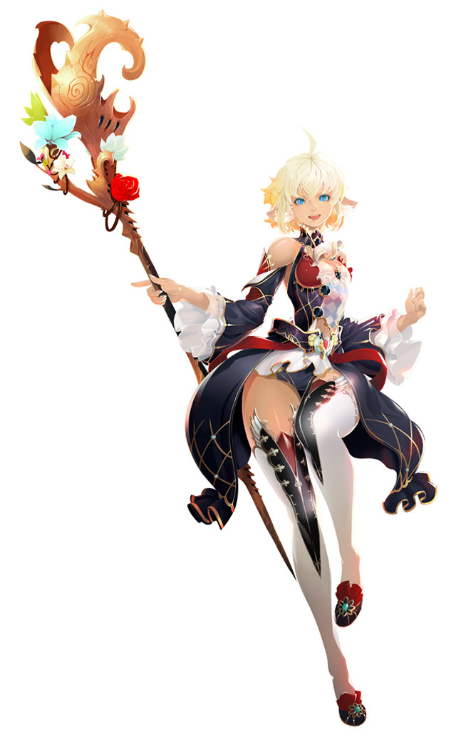 :o ahoge artist_request asymmetrical_legwear blonde_hair blue_eyes blush breasts ertheia full_body holding holding_weapon lineage lineage_2 looking_at_viewer medium_breasts multicolored_hair open_mouth parted_lips rod short_hair simple_background solo staff thighhighs wand weapon white_background