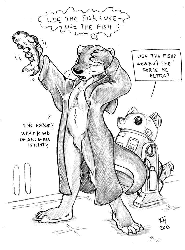 anthro barefoot black_and_white comic cosplay droid english_text fish flinters greyscale halloween holidays humor luke_skywalker male mammal marine monochrome mustelid nude otter parody silly space star_wars text the_force traditional_media trench_coat trenchcoat webbed_feet webbed_hands