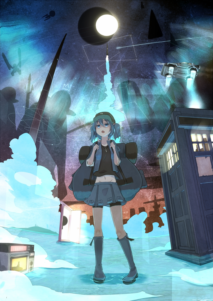 :o back_to_the_future backpack bad_id bad_pixiv_id bag bike_shorts blue_eyes blue_footwear blue_hair boots building commentary_request doctor_who door doorway doraemon doraemon_(character) eclipse eleventh_doctor flying_car hair_bobbles hair_ornament hat highres kawashiro_nitori key knee_boots looking_away microwave midriff moon navel open_clothes open_shirt phone_booth pocket rin_yu_shijin rocket rubber_boots science_fiction shirt shooting_star short_hair short_twintails shorts shorts_under_skirt skirt sleeves_pushed_up sleeves_rolled_up solo space_craft star_destroyer star_trek star_wars steins;gate tardis touhou twintails two_side_up uss_enterprise water
