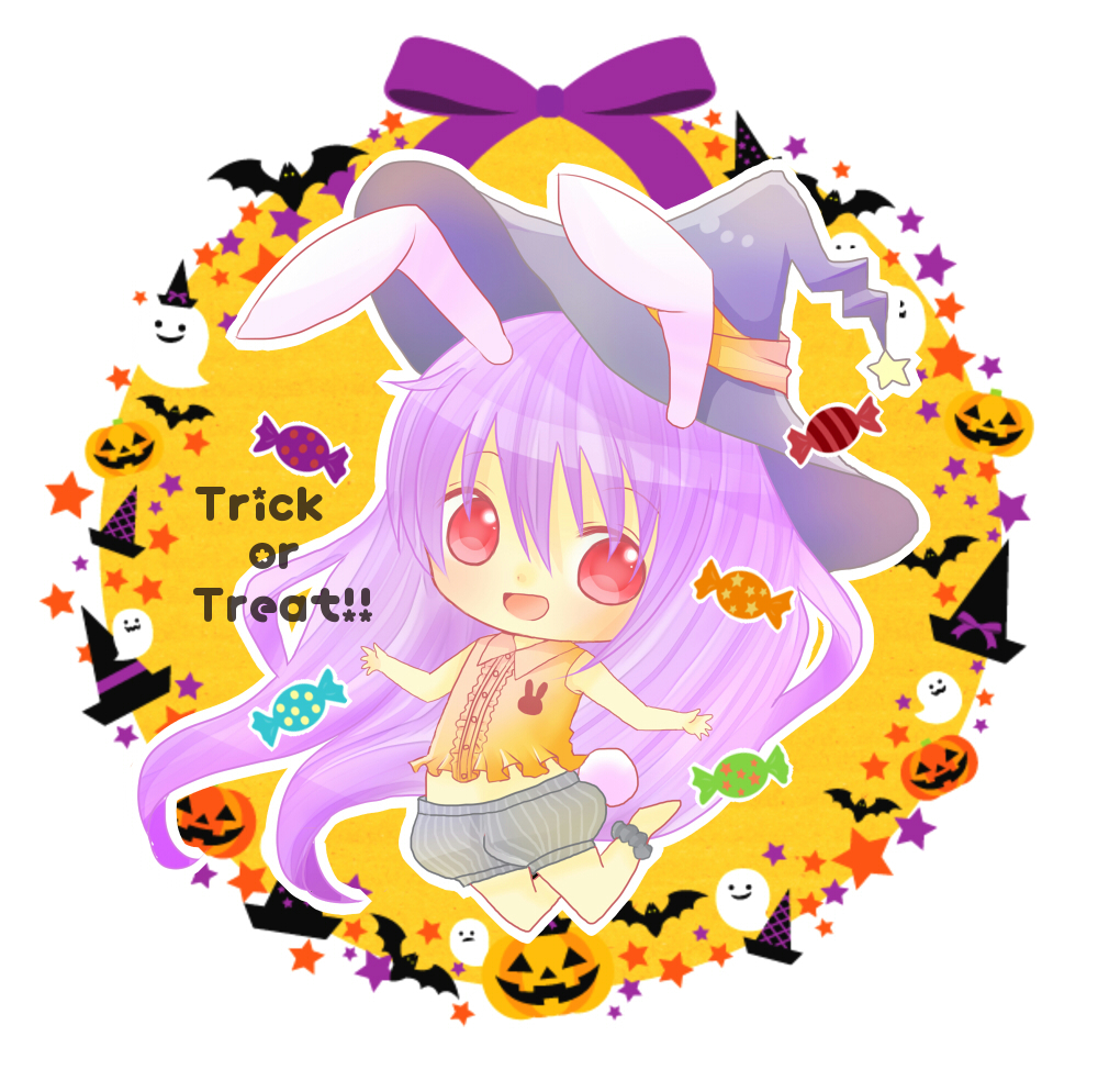 animal_ears bad_id bad_pixiv_id bat bunny_ears bunny_tail candy chibi food ghost halloween hat jack-o'-lantern jumping long_hair looking_at_viewer pumpkin red_eyes reisen_udongein_inaba solo tail touhou trick_or_treat very_long_hair witch_hat yuzuki_(manabi0214)