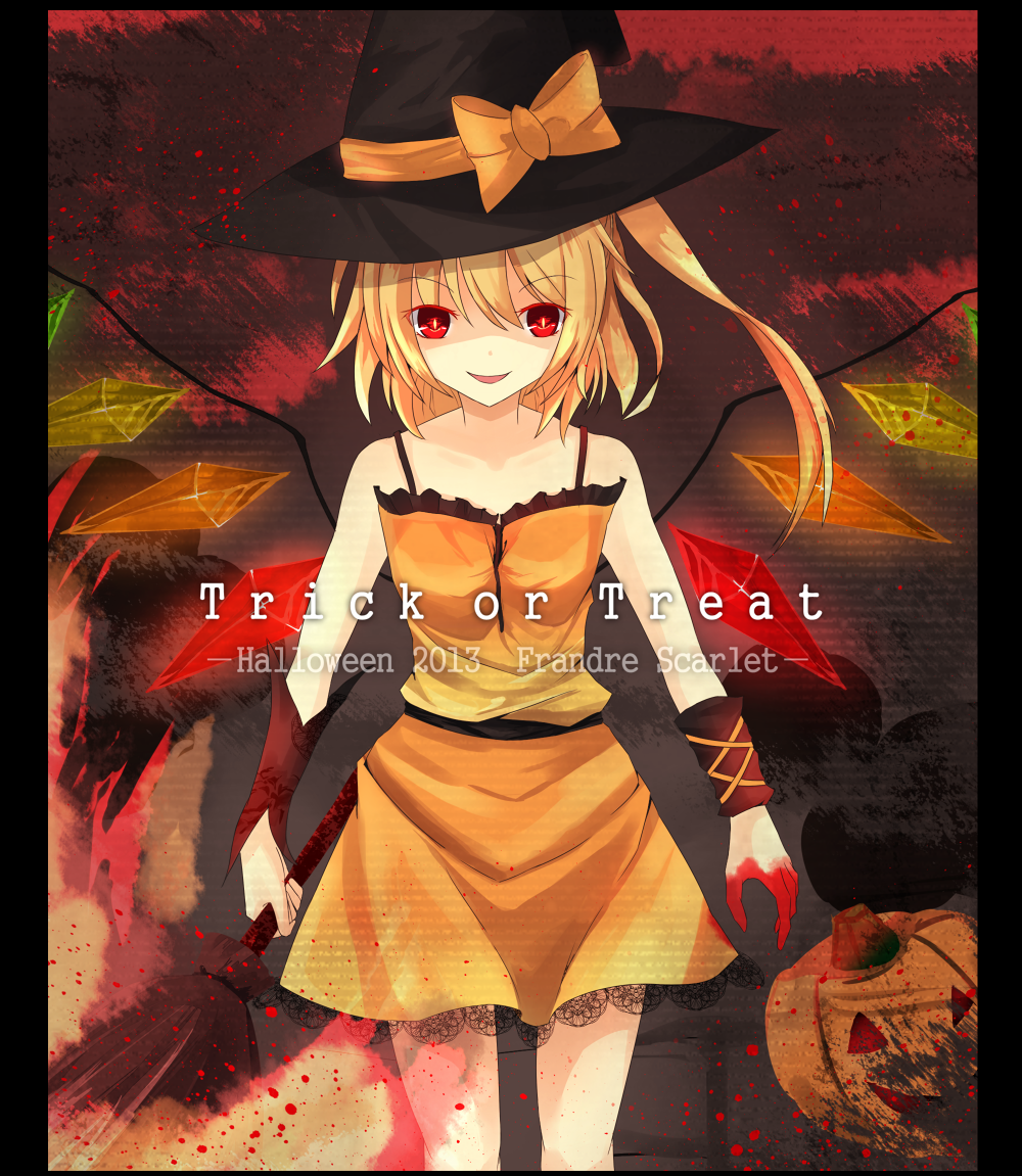 2013 alternate_costume arm_warmers bare_shoulders blonde_hair blood bloody_hands border broom character_name eisuto flandre_scarlet halloween halloween_costume hat hat_ribbon jack-o'-lantern looking_at_viewer multicolored multicolored_background parted_lips red_eyes ribbon short_hair side_ponytail skirt slit_pupils solo tank_top touhou trick_or_treat wings witch_hat