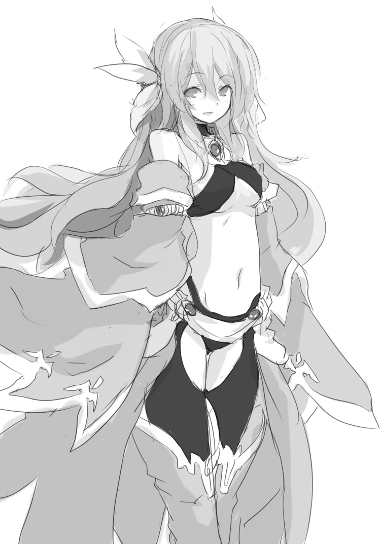 breasts fiana_else greyscale long_hair looking_at_viewer medium_breasts monochrome navel original simple_background smile solo white_background yu-ves