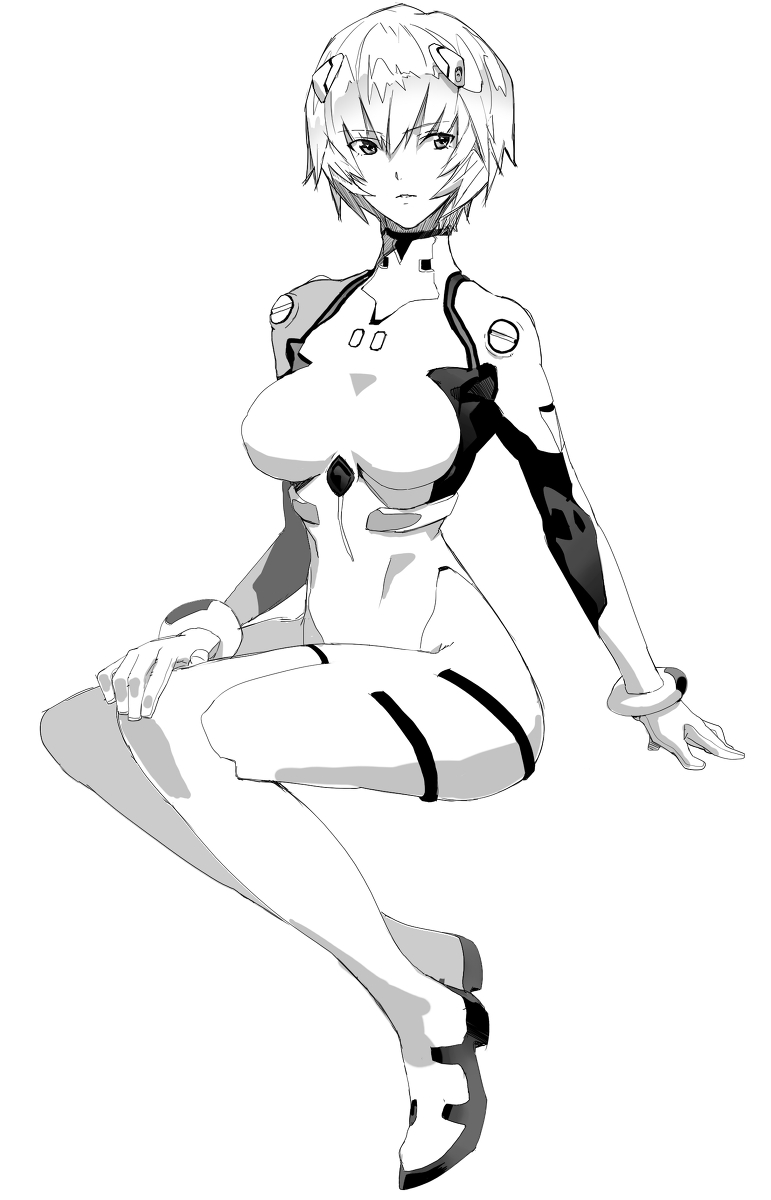 ayanami_rei greyscale highres image_sample md5_mismatch monochrome neon_genesis_evangelion pixiv_sample plugsuit short_hair sitting solo velzhe