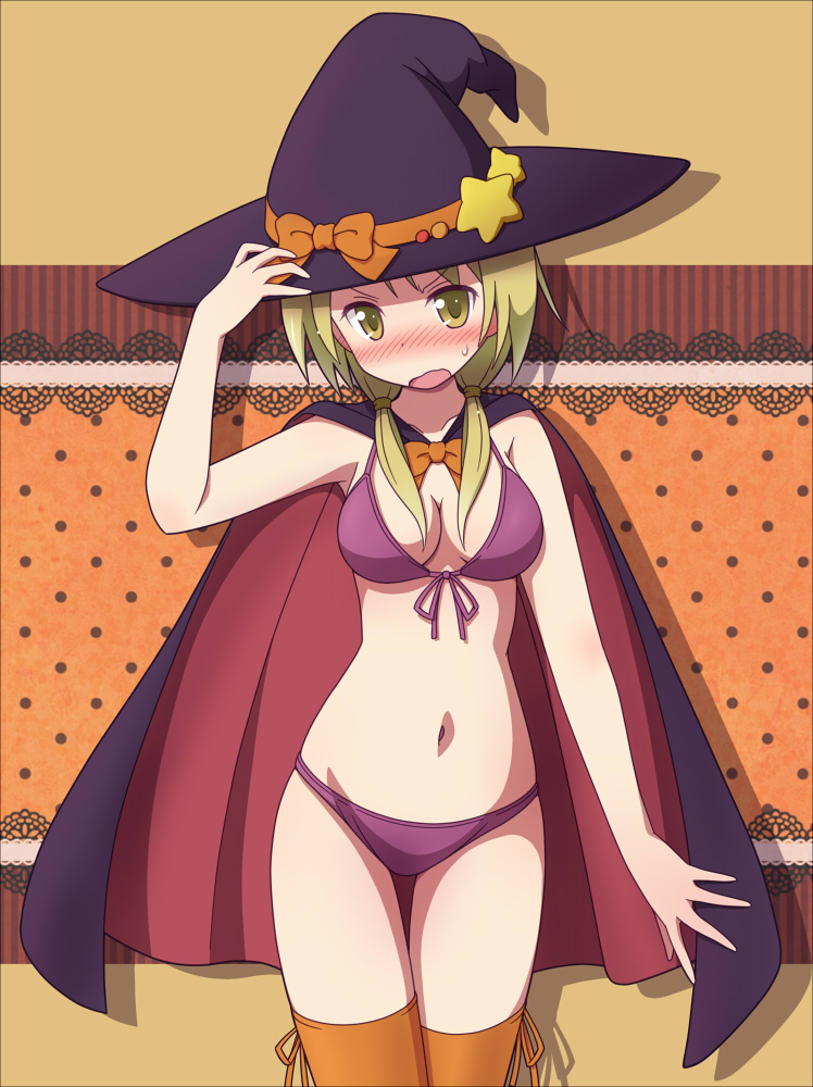 arm_up bikini blonde_hair blush bow breasts cape embarrassed front-tie_bikini front-tie_top halloween halloween_costume hand_on_headwear hat hat_bow hat_ribbon ichii_yui long_hair low_twintails medium_breasts mel_(melty_pot) navel open_mouth orange_legwear ribbon solo standing star sweat swimsuit thighhighs twintails wavy_mouth witch_hat yellow_eyes yuyushiki