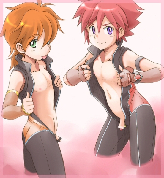 2boys assault_squadron_danjija ebi-rom exhibitionism fukuoka_kurenaisuke miyazaki_touya open_clothes orange_hair red_hair