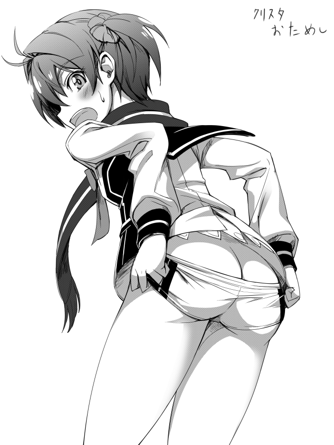 adjusting_clothes adjusting_shorts ass blush butt_crack greyscale isshiki_akane looking_at_viewer looking_back michairu monochrome national_shin_ooshima_school_uniform open_mouth scarf short_hair short_shorts short_twintails shorts simple_background solo twintails vividred_operation white_background