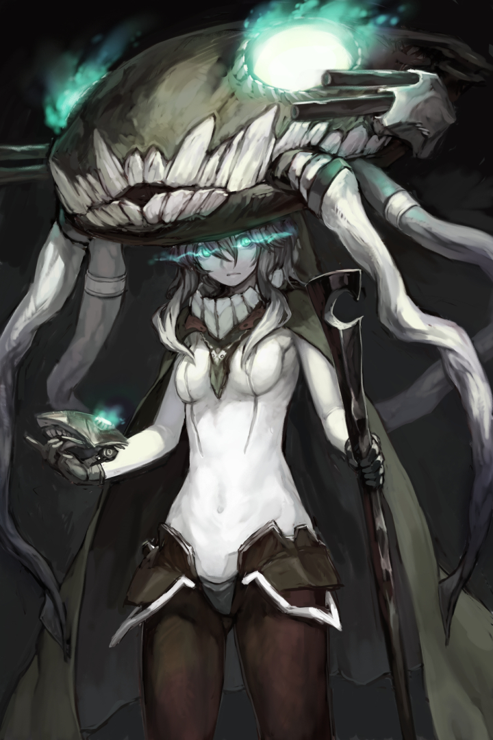aqua_eyes benitama bodysuit breasts cape enemy_aircraft_(kantai_collection) gloves glowing glowing_eyes hat kantai_collection long_hair looking_at_viewer medium_breasts monster pale_skin shinkaisei-kan silver_hair solo wand wo-class_aircraft_carrier