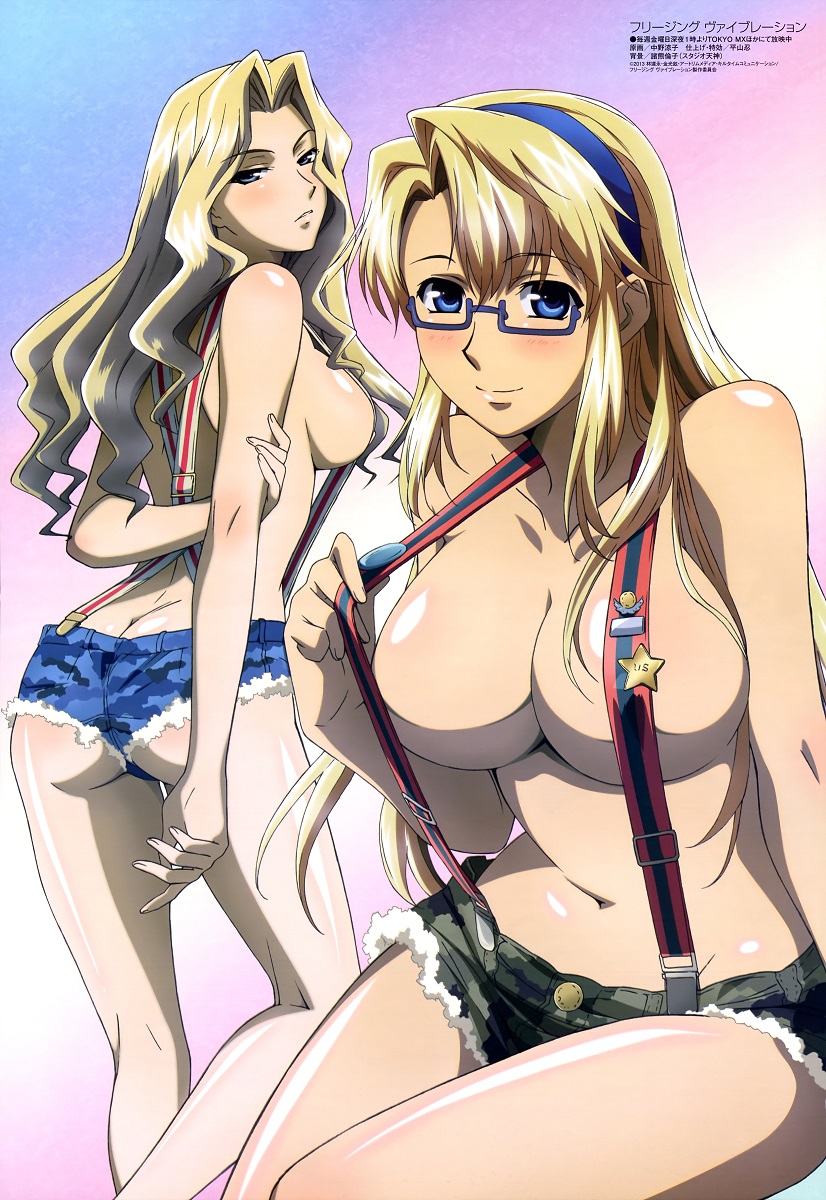 2girls ass blonde_hair blue_eyes breasts elizabeth_mably elizabeth_mayberry freezing_(series) glasses large_breasts long_hair multiple_girls official_art overalls satellizer_el_bridget shorts smile