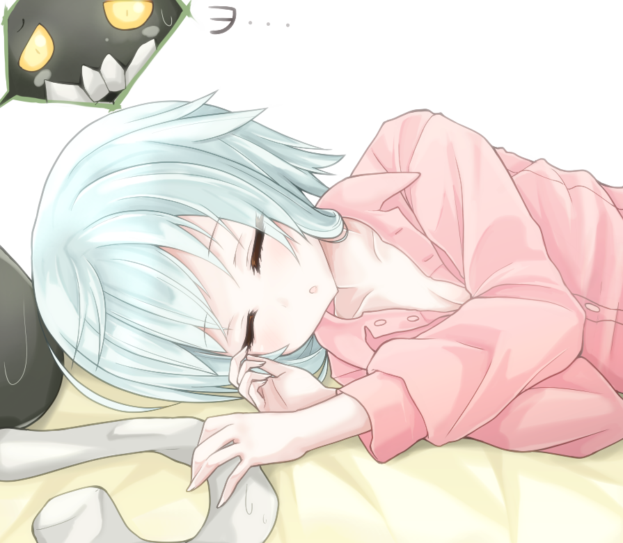 bad_id bad_pixiv_id breasts cleavage closed_eyes dress_shirt kantai_collection lying on_side open_mouth rateratte shinkaisei-kan shirt short_hair silver_hair sleeping small_breasts solo wo-class_aircraft_carrier