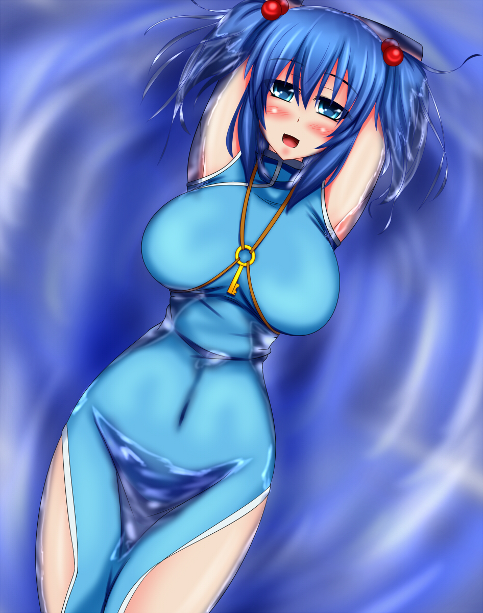 adapted_costume alternate_costume arms_behind_head blue_eyes blue_hair blush breasts china_dress chinese_clothes dress hair_bobbles hair_ornament highres kawashiro_nitori key large_breasts looking_at_viewer lying no_hat no_headwear on_back open_mouth parmiria partially_submerged short_hair short_twintails side_slit smile solo thighs touhou twintails two_side_up water wet wet_clothes