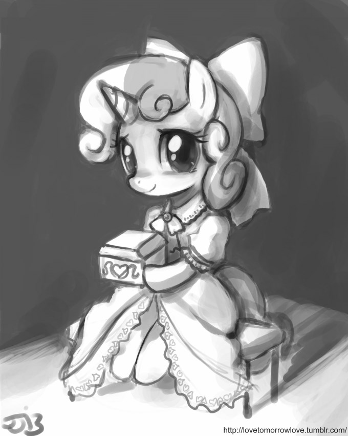 box cute dress equine female feral friendship_is_magic hair horn horse john_joseco looking_at_viewer mammal monochrome my_little_pony pony smile solo sweetie_belle_(mlp) unicorn young
