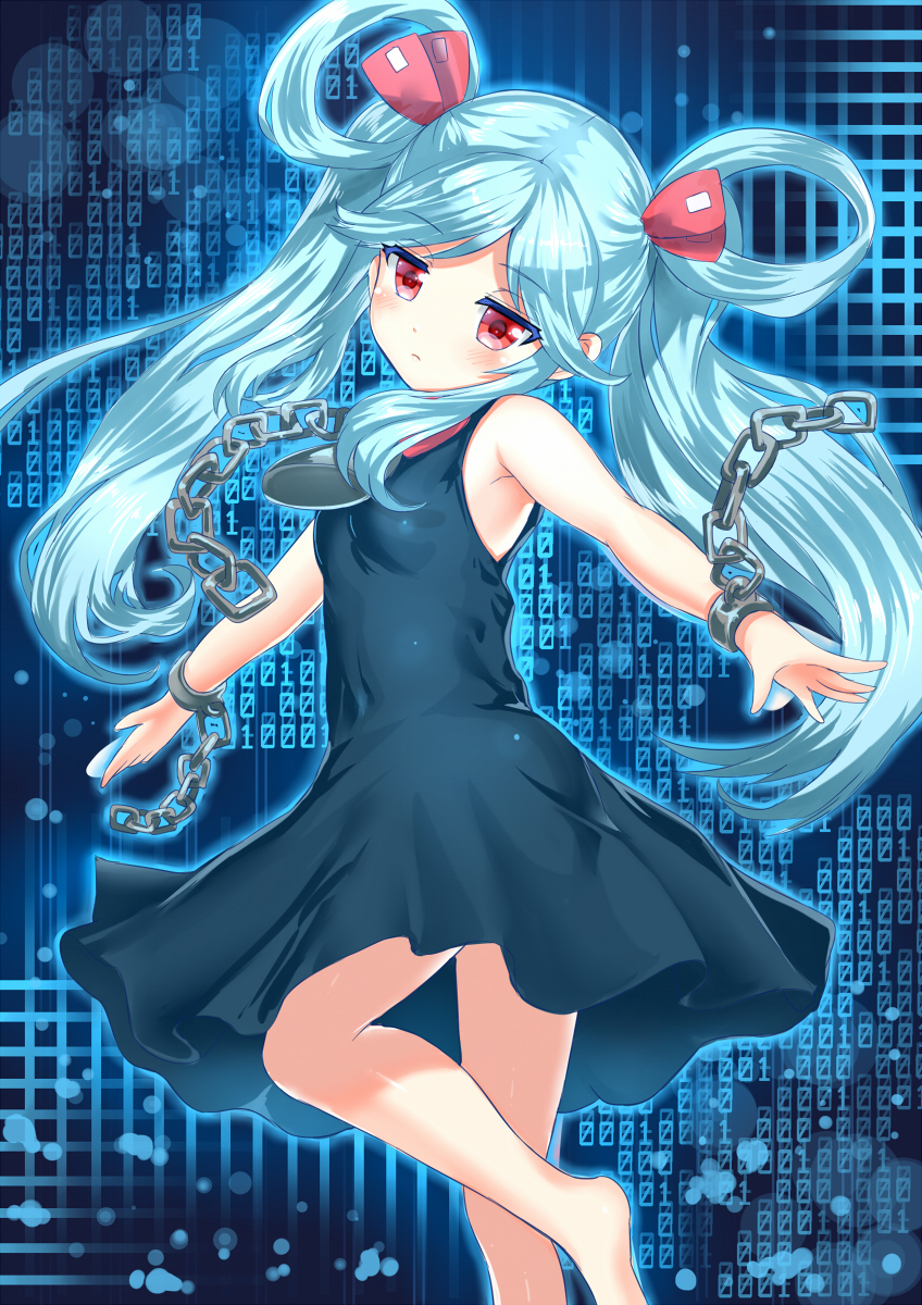 aldehyde aqua_hair bare_arms bare_shoulders barefoot beatmania beatmania_iidx bemani black_dress blush chain cuffs cyberspace dress hair_ribbon hair_rings highres jubeat long_hair looking_at_viewer looking_back maud outstretched_arms red_eyes ribbon shackles sleeveless sleeveless_dress solo twintails very_long_hair
